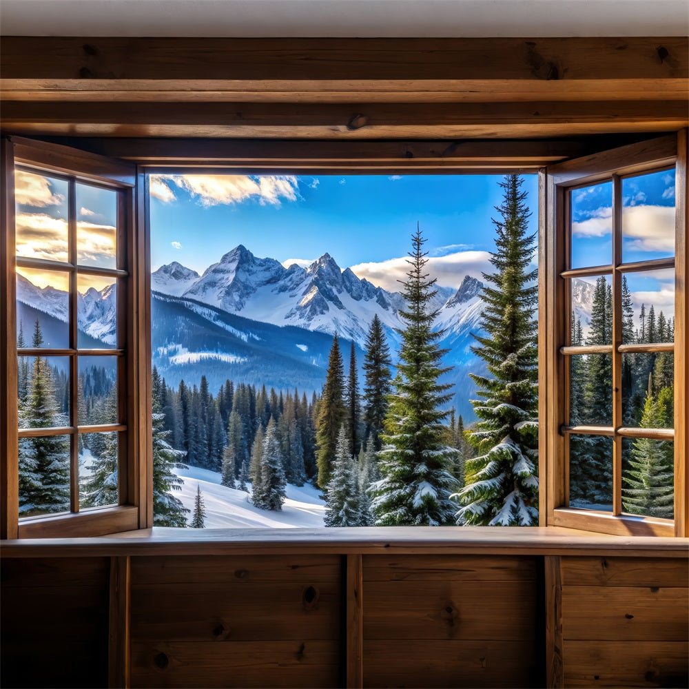 Winter Backdrop Majestic Snowy Mountain Peaks Window Backdrop UK BRP11-499