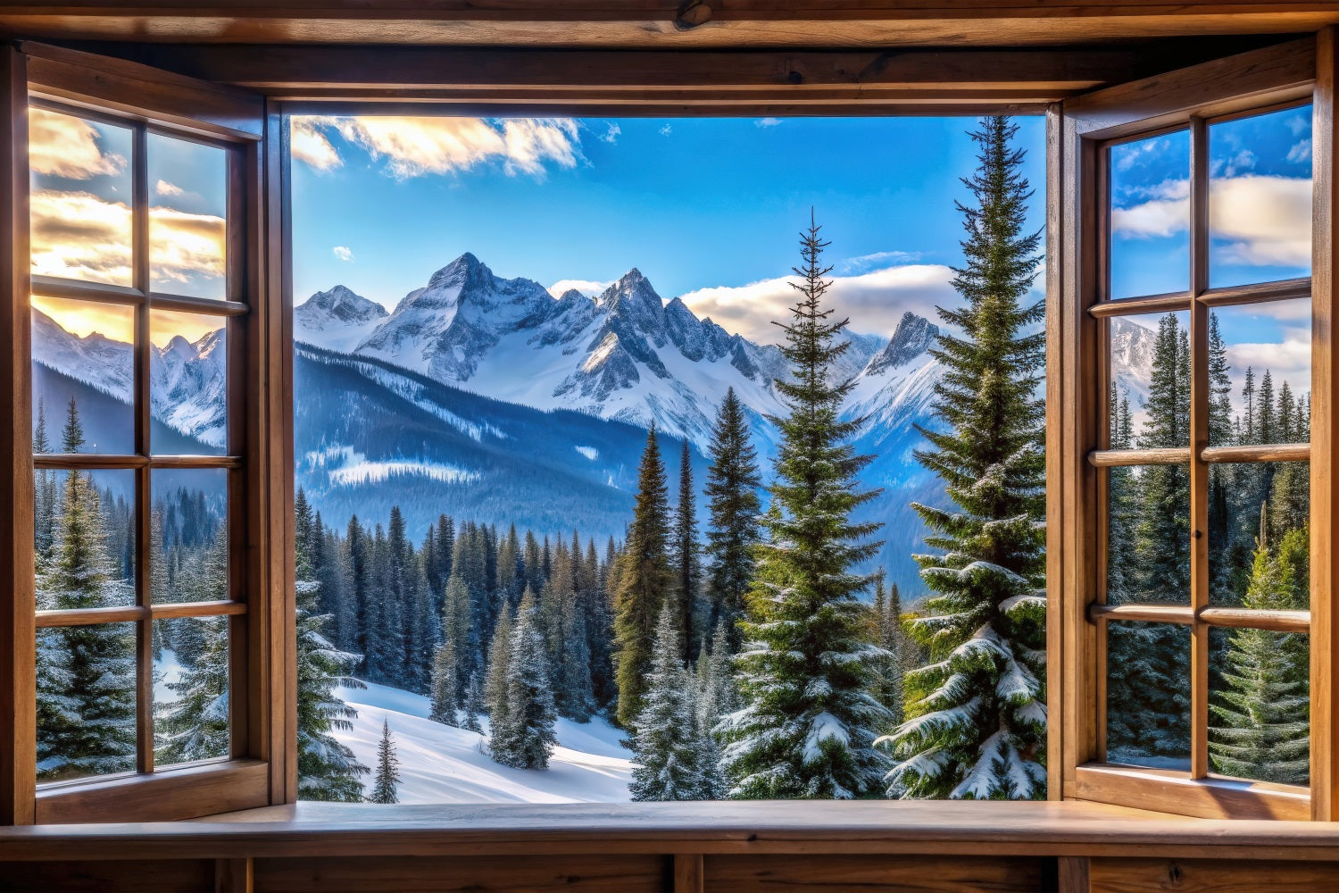 Winter Backdrop Majestic Snowy Mountain Peaks Window Backdrop UK BRP11-499