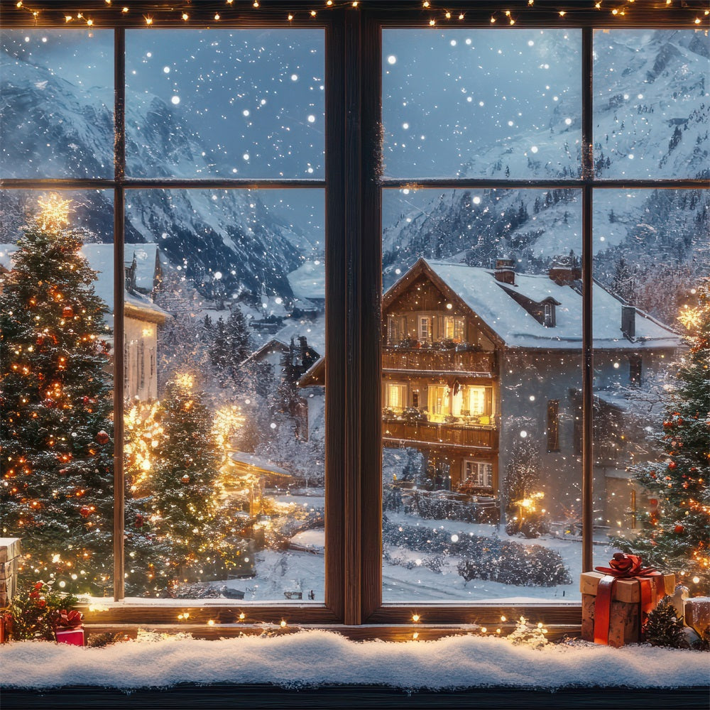 Winter Backdrops Christmas Village Lights Through Window Backdrop UK BRP11-500