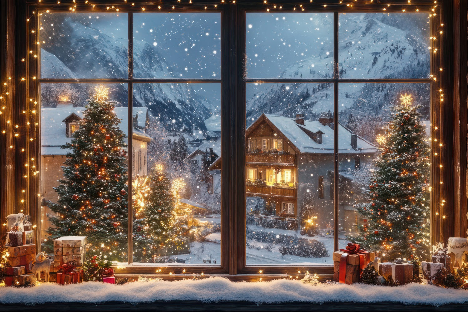 Winter Backdrops Christmas Village Lights Through Window Backdrop UK BRP11-500