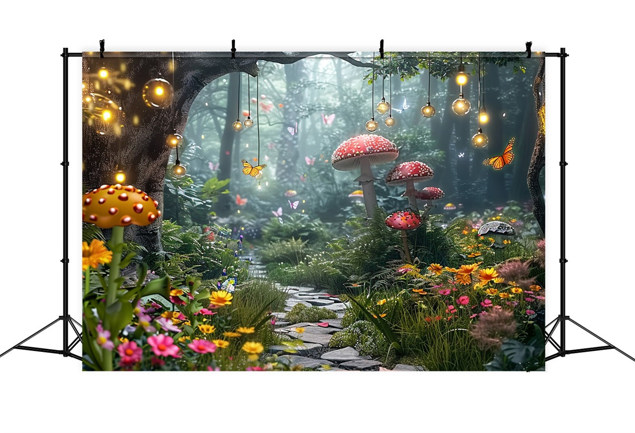 Spring Photo Backdrops Mushroom Forest Path Butterflies Backdrop UK BRP11-510