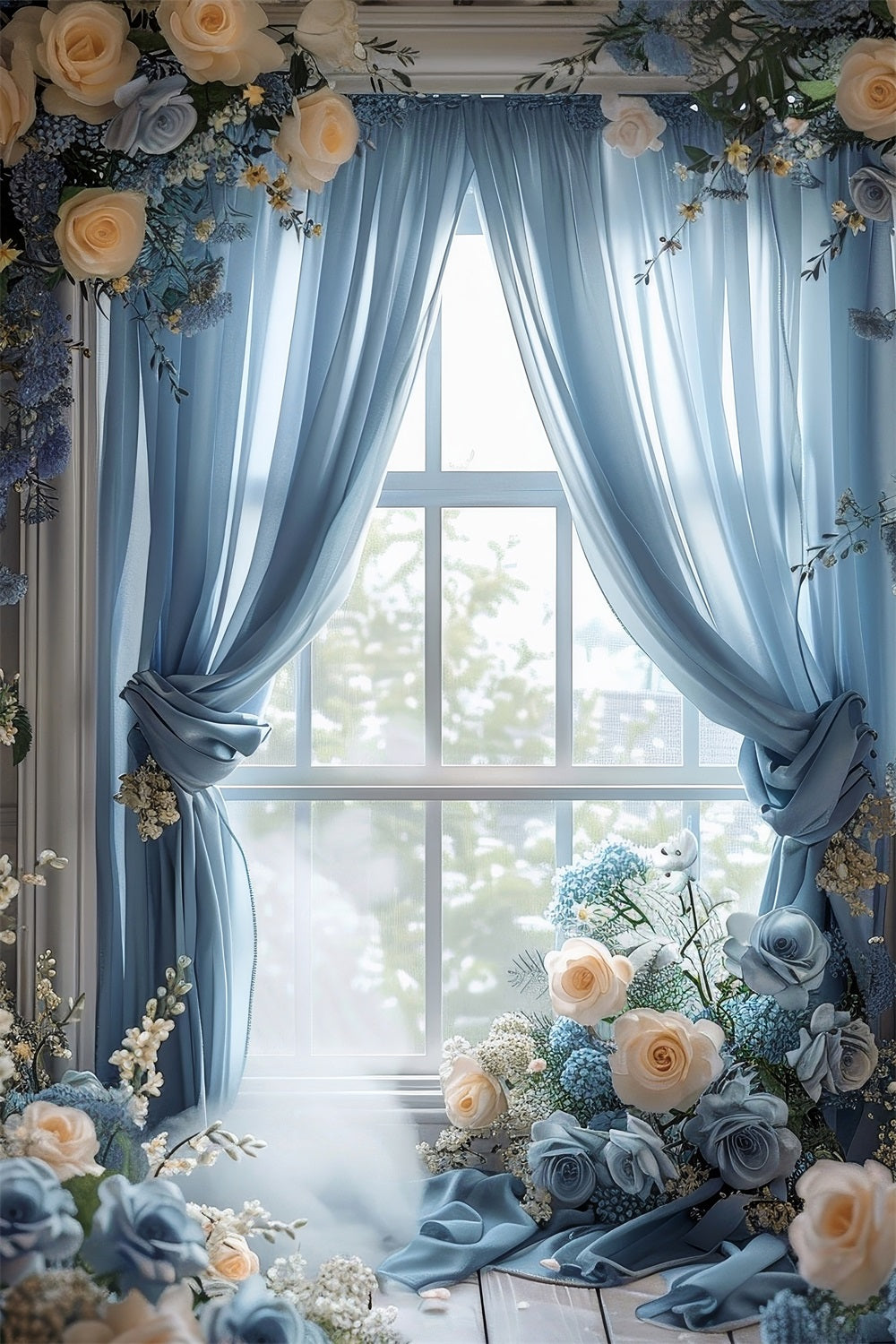 Backdrops For Spring Blue Curtain Window Rose Backdrop UK BRP11-531