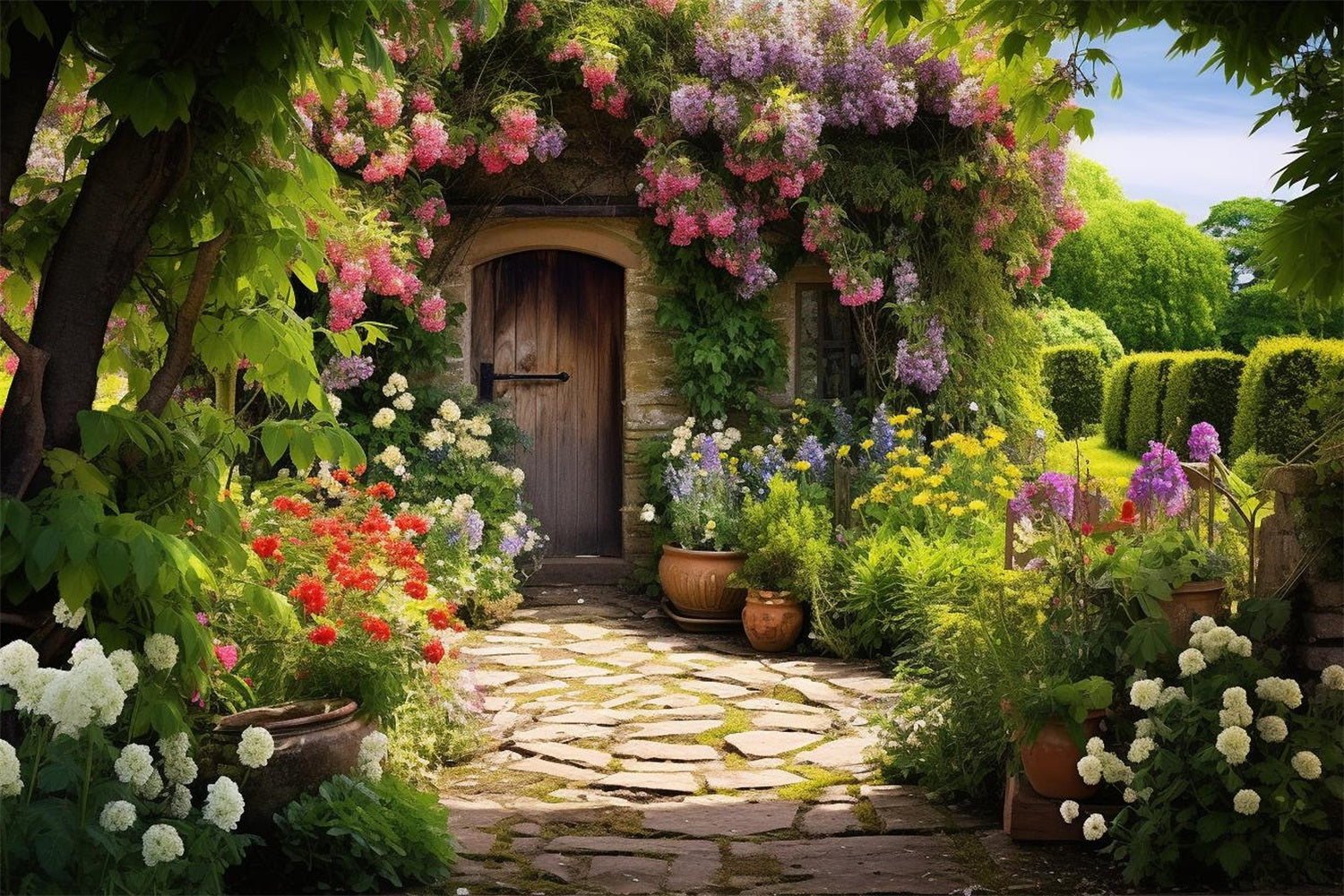 Backdrops Spring Flower-Covered Cottage Door Garden Backdrop UK BRP11-532