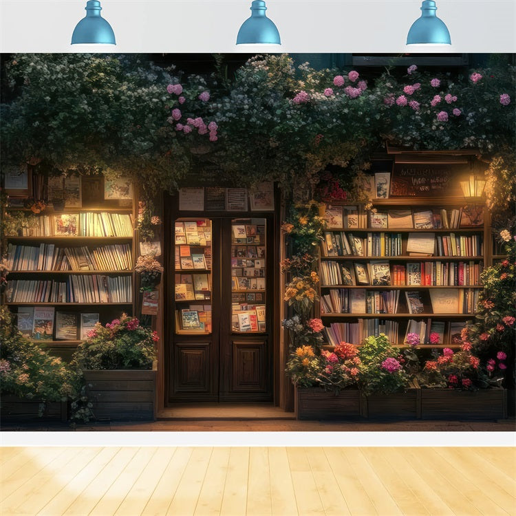 Spring Photoshoot Backdrop Nighttime Bookstore Floral Decor Backdrop UK BRP11-534