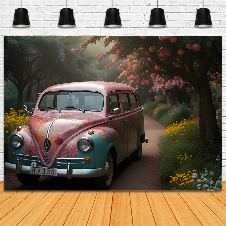 Spring Backdrops Retro Floral Car Photography Backdrop UK BRP11-535