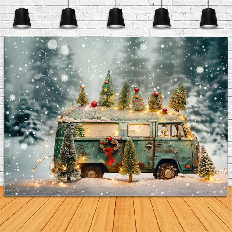 Winter Scene Backdrop Christmas Lights Vintage Van Backdrop UK BRP11-54