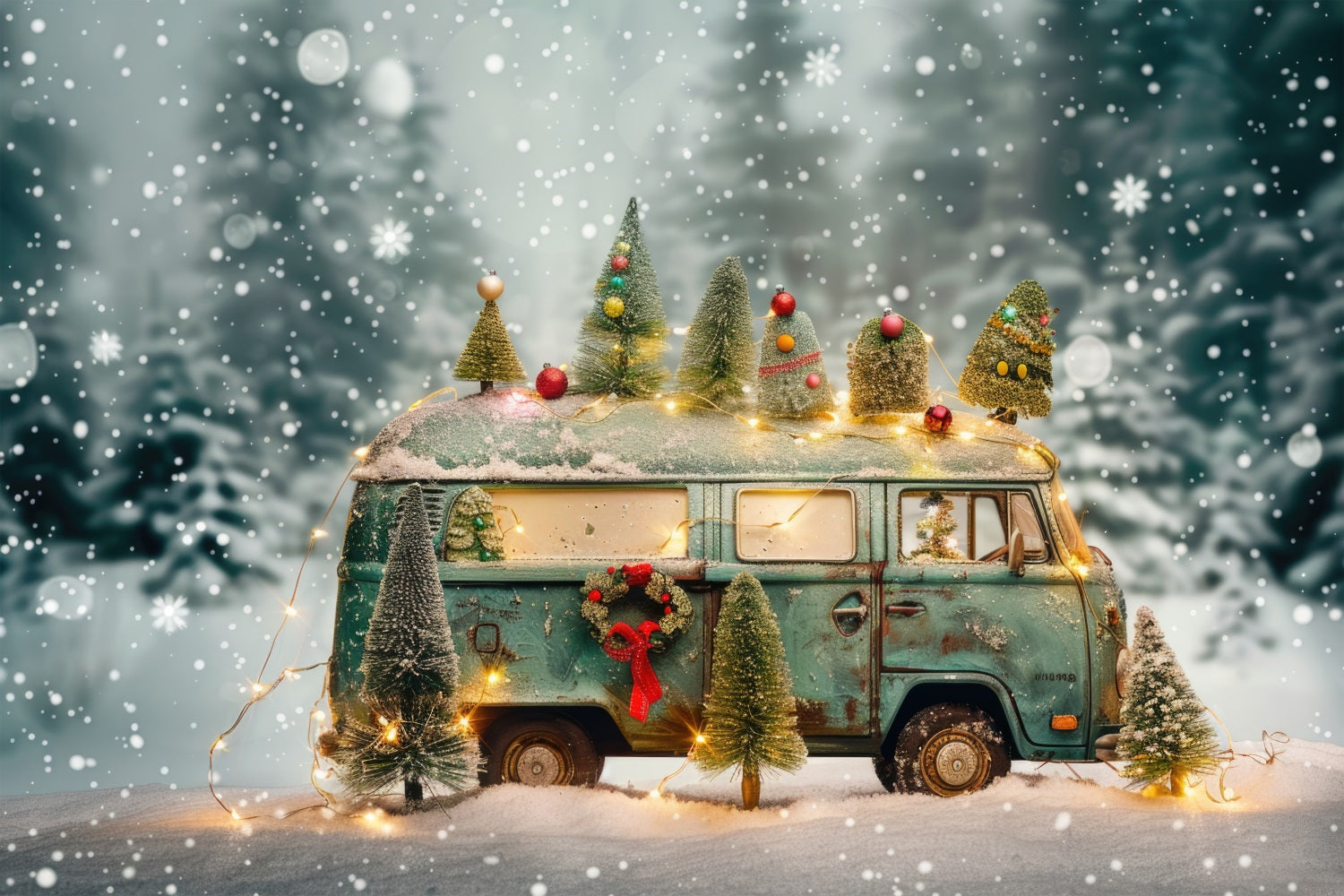 Winter Scene Backdrop Christmas Lights Vintage Van Backdrop UK BRP11-54