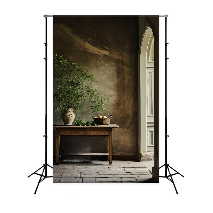 Backdrops Vintage Pottery Greenery Wooden Table Backdrop UK BRP11-560