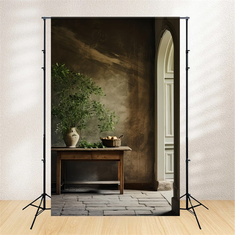 Backdrops Vintage Pottery Greenery Wooden Table Backdrop UK BRP11-560