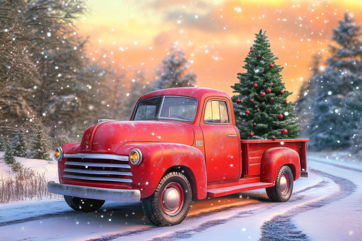 Backdrop Winter Wonderland Red Truck Christmas Tree Backdrop UK BRP11-57