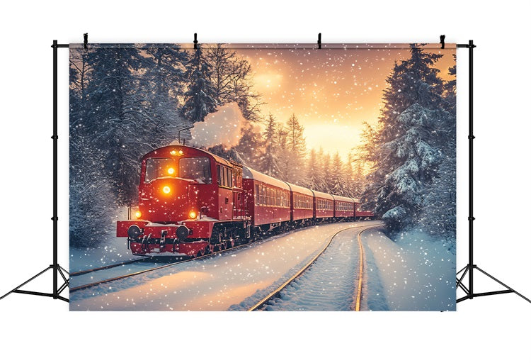 Winter Backdrop Scenes Snowfall Red Train Frosty Forest Backdrop UK BRP11-58