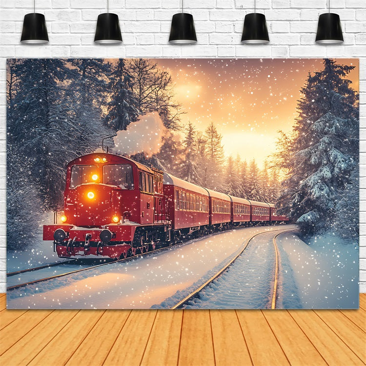 Winter Backdrop Scenes Snowfall Red Train Frosty Forest Backdrop UK BRP11-58