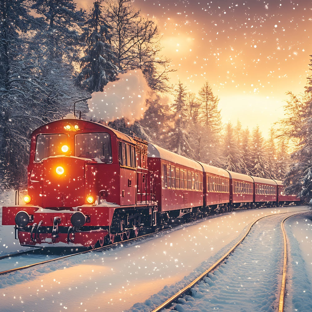 Winter Backdrop Scenes Snowfall Red Train Frosty Forest Backdrop UK BRP11-58