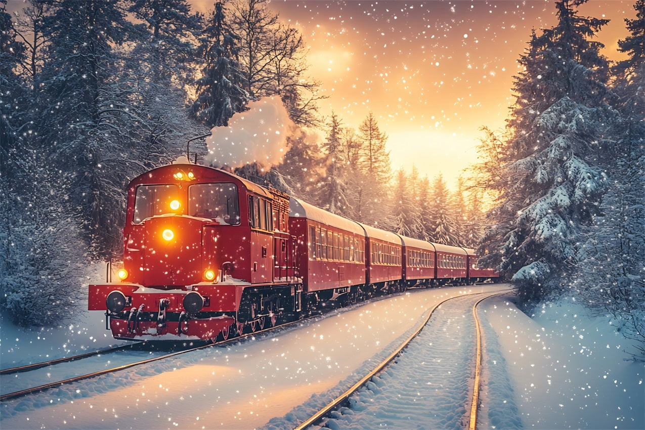 Winter Backdrop Scenes Snowfall Red Train Frosty Forest Backdrop UK BRP11-58