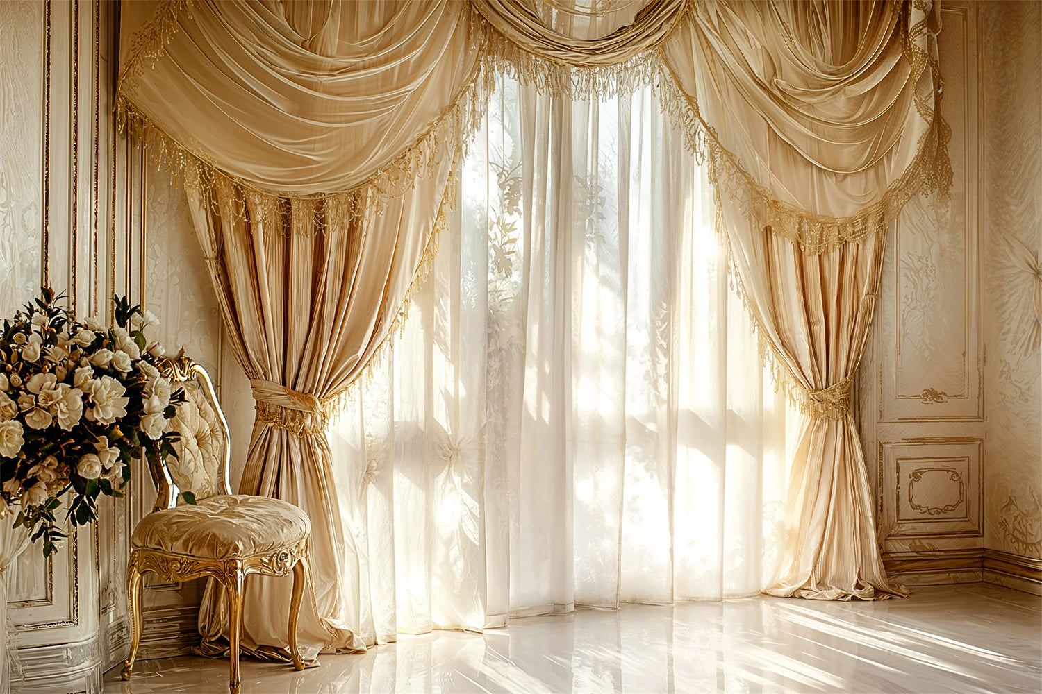 Photo Backdrop Vintage Golden Tassel Curtains Window Backdrop UK BRP11-581