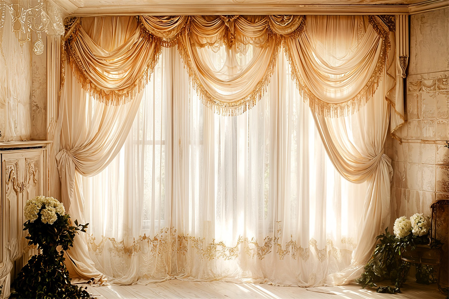 Vintage Backdrops Photography Window Beige Drapes Curtain Backdrop UK BRP11-582