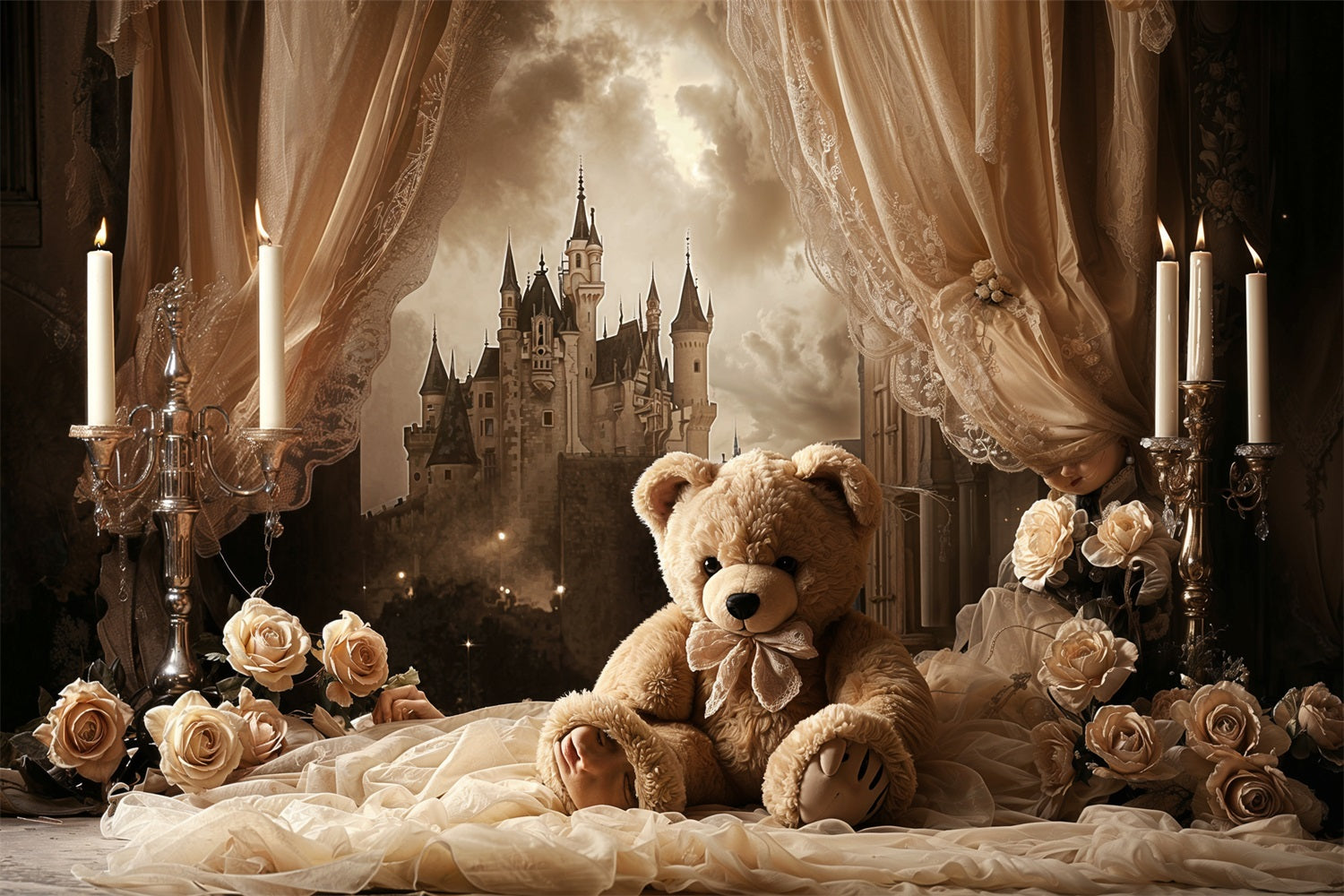 Vintage Photo Backdrop Ideas Castle Teddy Curtain Backdrop UK BRP11-583