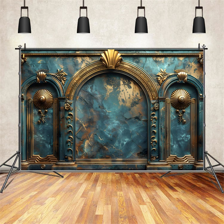 Backdrop Vintage Teal Retro Wall Gold Carvings Backdrop UK BRP11-588