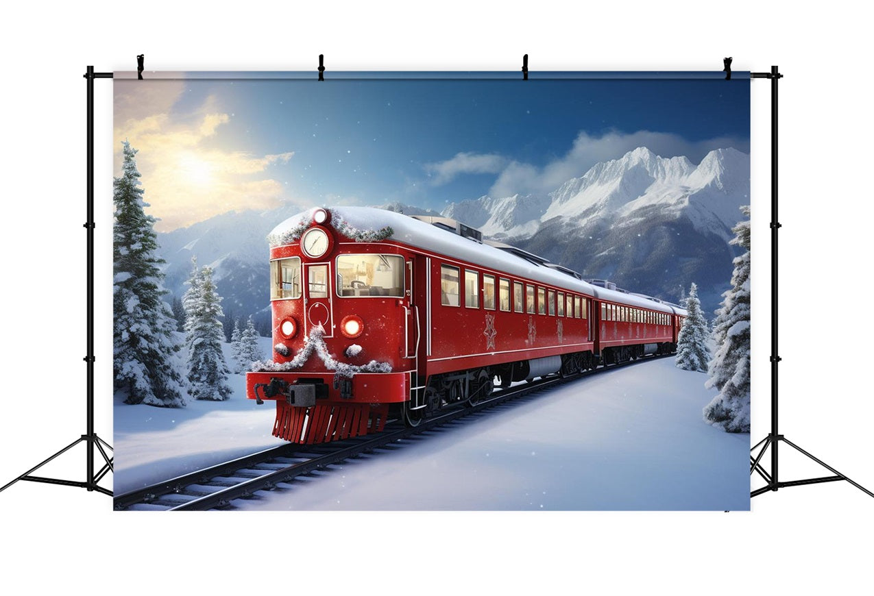 Winter Scene Backdrops Red Train Snow-Capped Mountains Backdrop UK BRP11-59