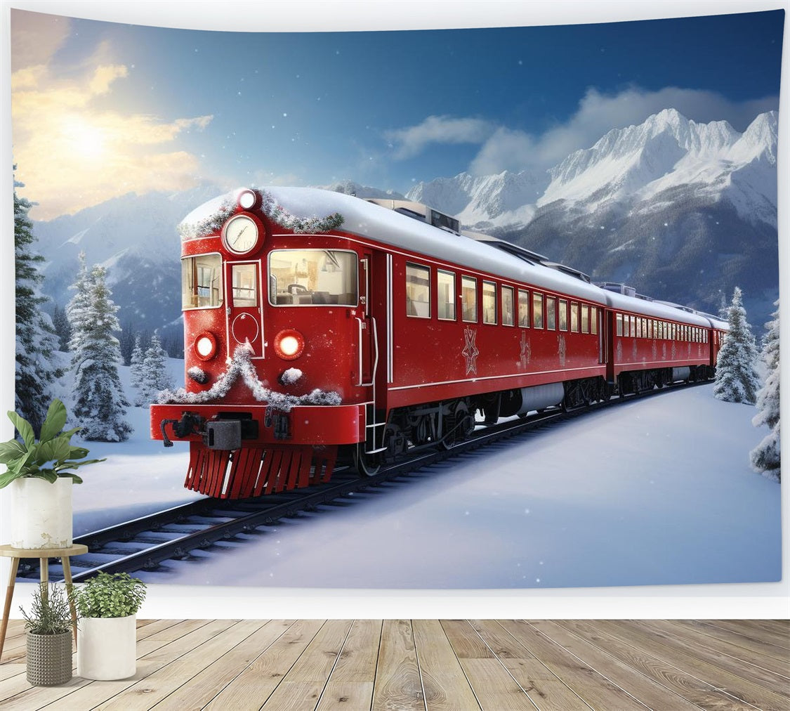 Winter Scene Backdrops Red Train Snow-Capped Mountains Backdrop UK BRP11-59