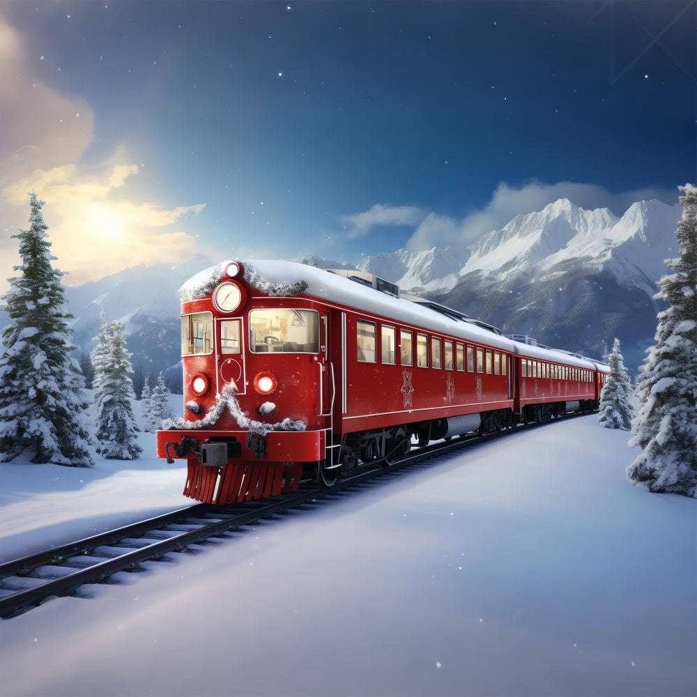 Winter Scene Backdrops Red Train Snow-Capped Mountains Backdrop UK BRP11-59