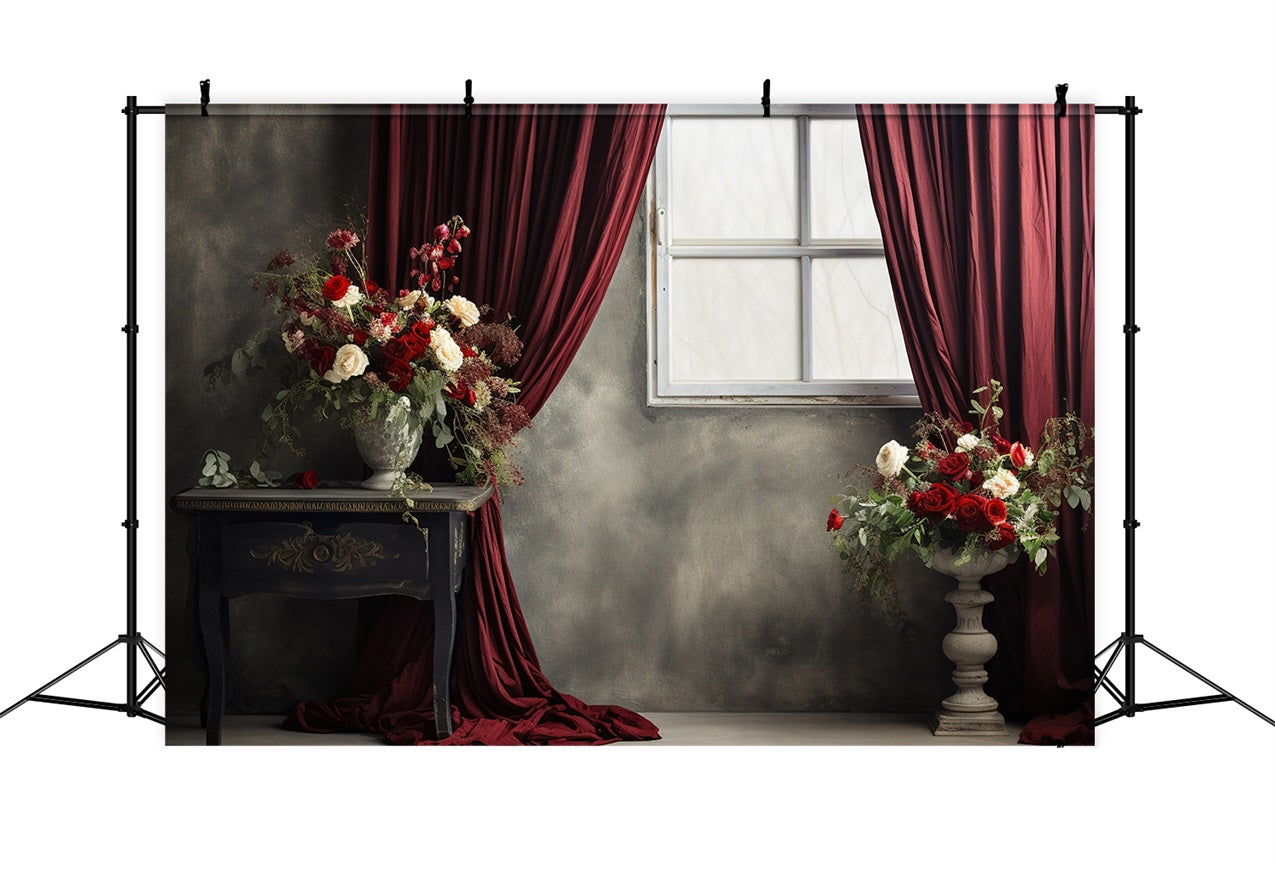 Vintage Backdrop Red Curtained Window Flowers Backdrop UK BRP11-591