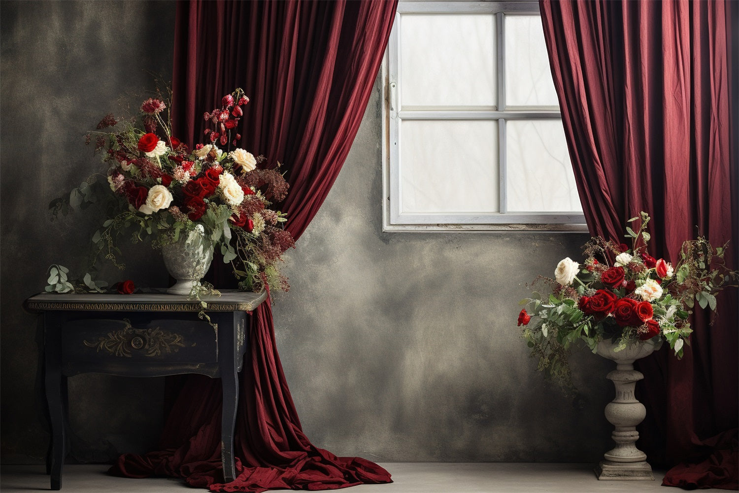 Vintage Backdrop Red Curtained Window Flowers Backdrop UK BRP11-591