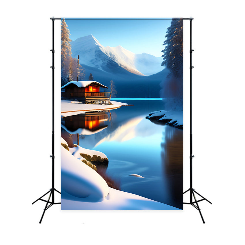 Winter Scene Backdrops Cabin Mountain Reflections Lake Backdrop UK BRP11-71