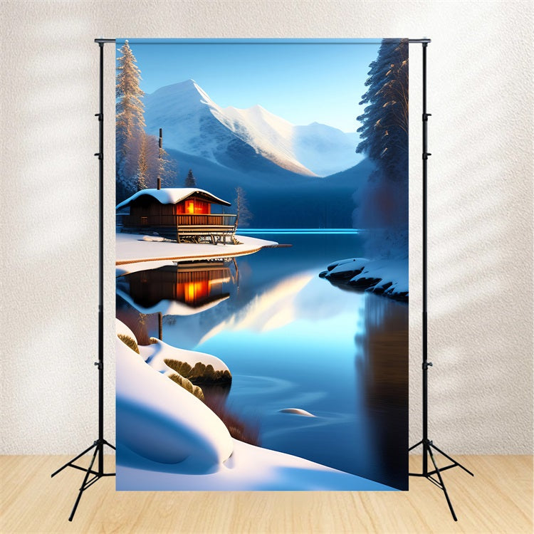 Winter Scene Backdrops Cabin Mountain Reflections Lake Backdrop UK BRP11-71