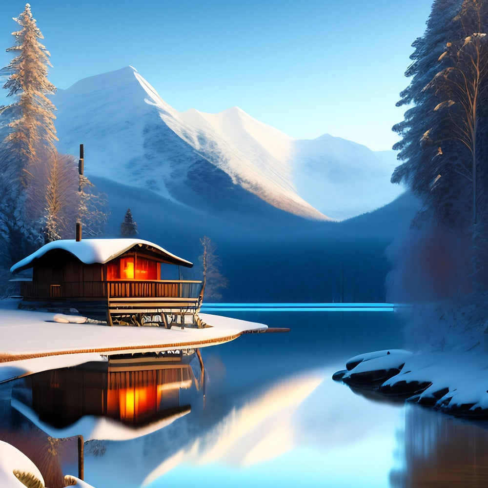 Winter Scene Backdrops Cabin Mountain Reflections Lake Backdrop UK BRP11-71