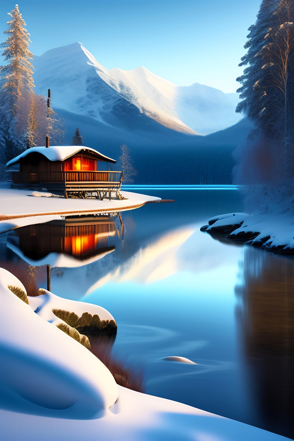 Winter Scene Backdrops Cabin Mountain Reflections Lake Backdrop UK BRP11-71