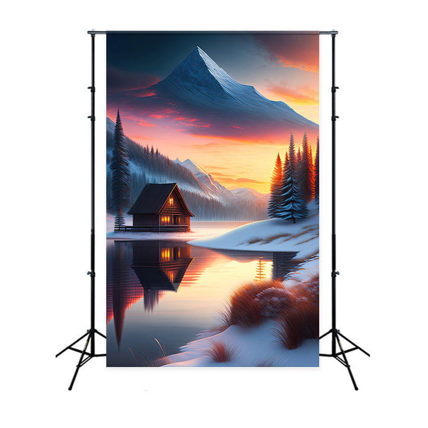 Winter Backdrop Scenes Cabin Frozen Lake Backdrop UK BRP11-72