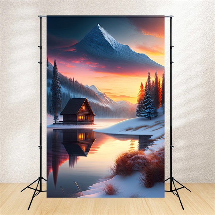 Winter Backdrop Scenes Cabin Frozen Lake Backdrop UK BRP11-72