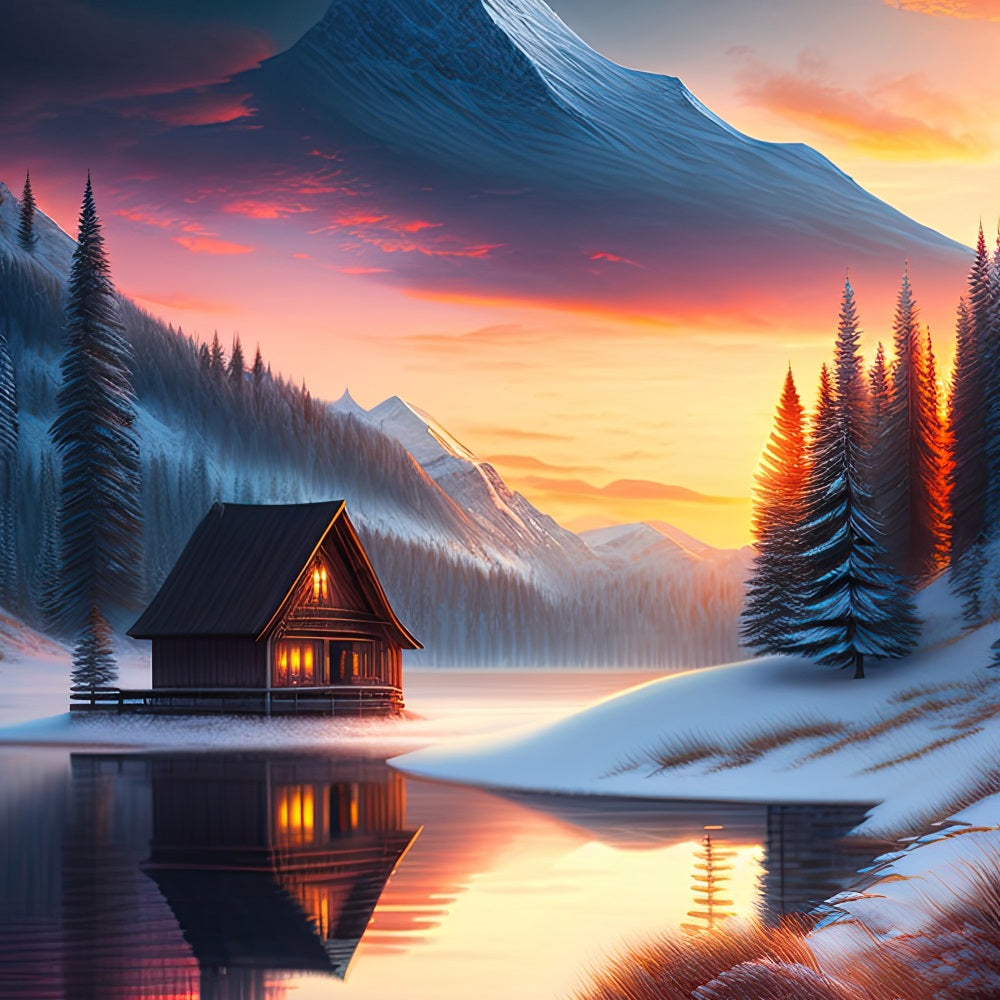 Winter Backdrop Scenes Cabin Frozen Lake Backdrop UK BRP11-72