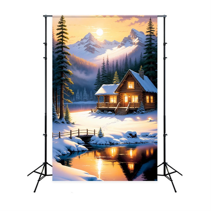 Winter Backdrop Ideas Log Cabin Snowy Lake Backdrop UK BRP11-73