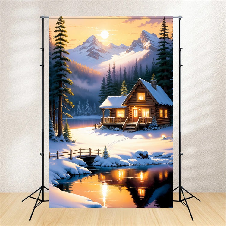 Winter Backdrop Ideas Log Cabin Snowy Lake Backdrop UK BRP11-73