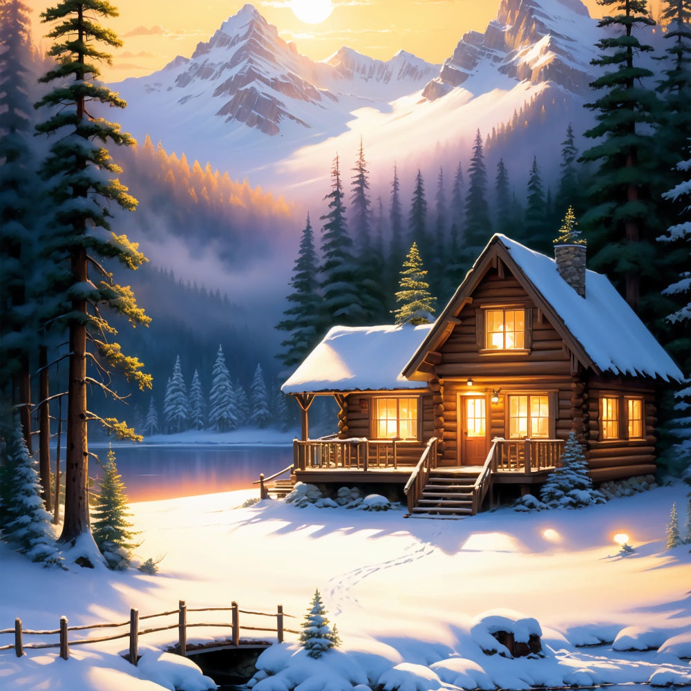 Winter Backdrop Ideas Log Cabin Snowy Lake Backdrop UK BRP11-73