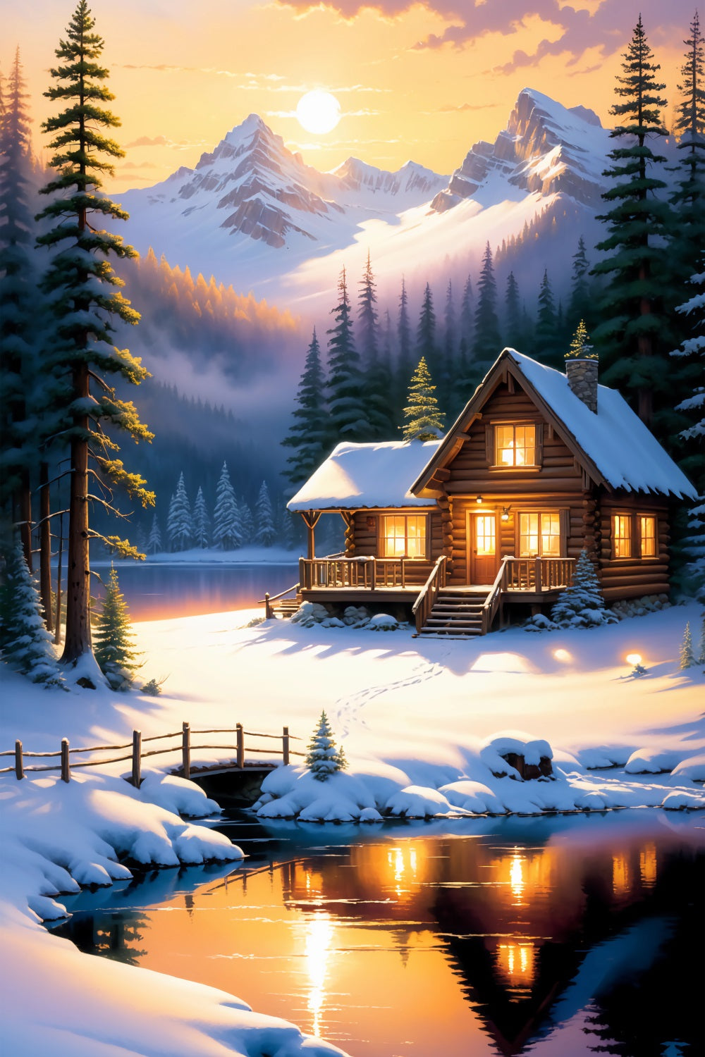 Winter Backdrop Ideas Log Cabin Snowy Lake Backdrop UK BRP11-73