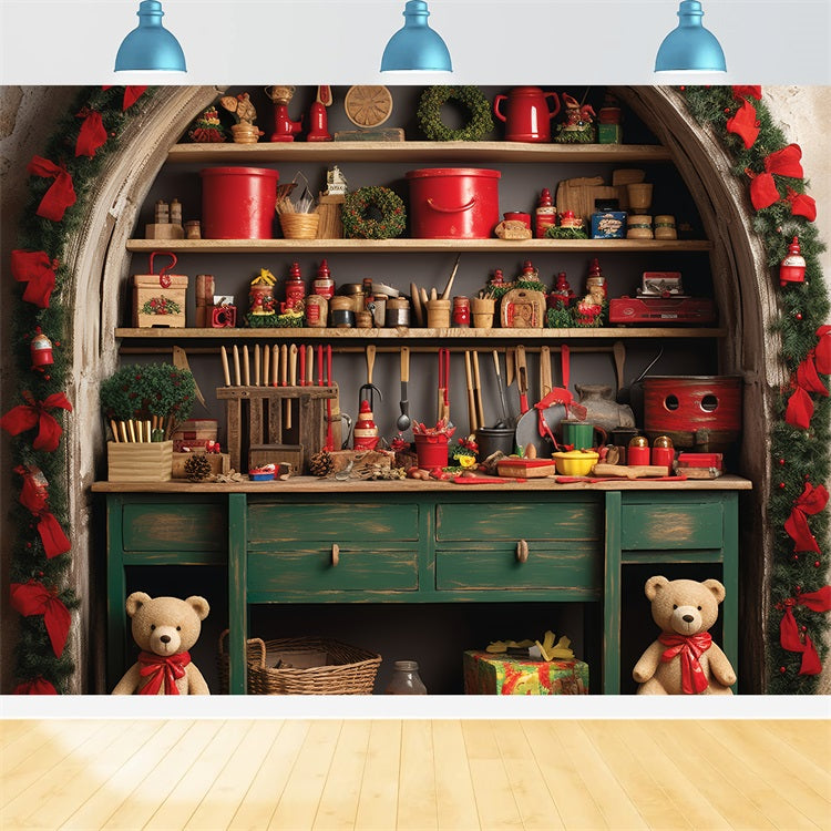 Christmas Photography Backdrops Santa's Workshop Teddy Bears Backdrop UK BRP11-86