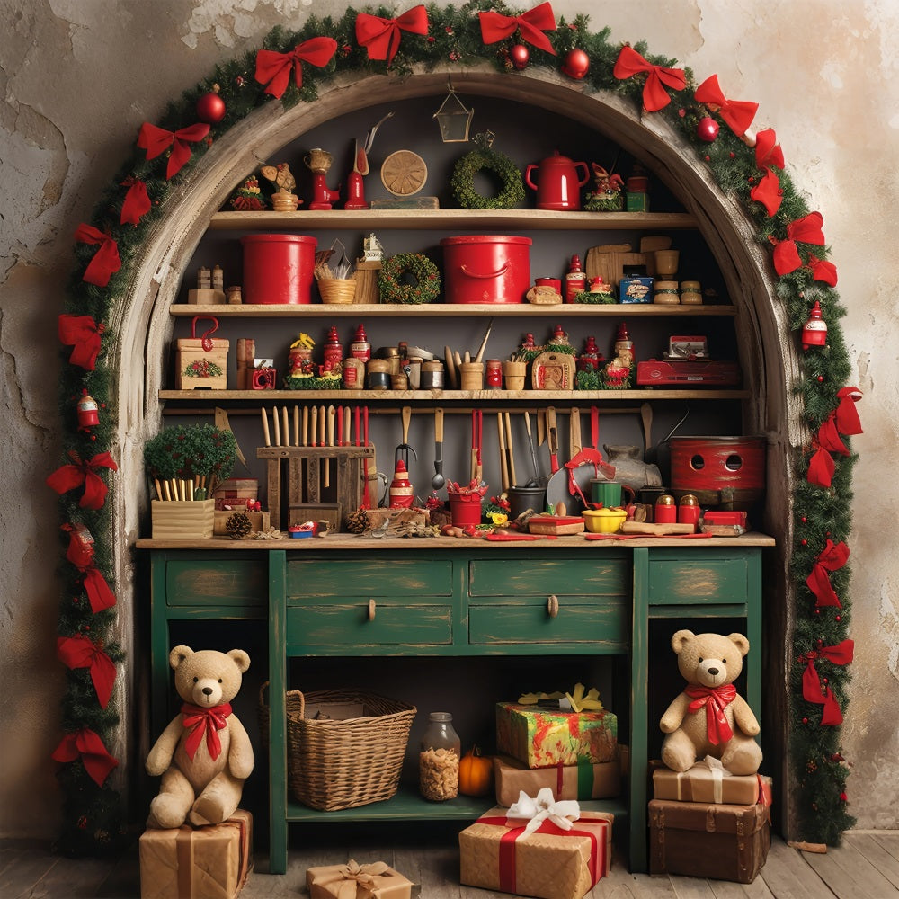 Christmas Photography Backdrops Santa's Workshop Teddy Bears Backdrop UK BRP11-86