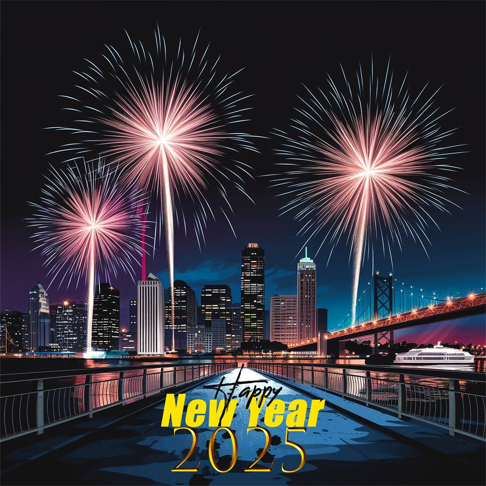 New Year Photo Backdrop 2025 Cityscape Fireworks Backdrop UK BRP12-104