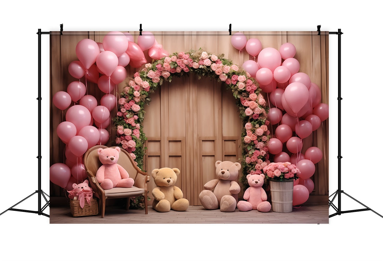 Simple Valentines Backdrop Balloons Floral Arch Bears Backdrop UK BRP12-172