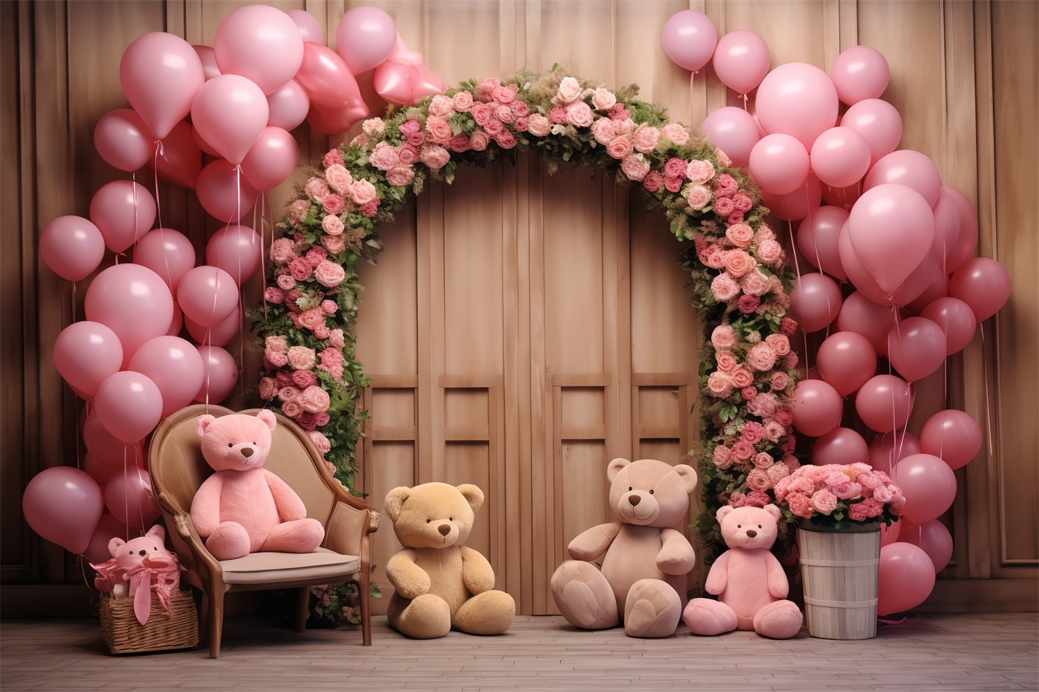 Simple Valentines Backdrop Balloons Floral Arch Bears Backdrop UK BRP12-172