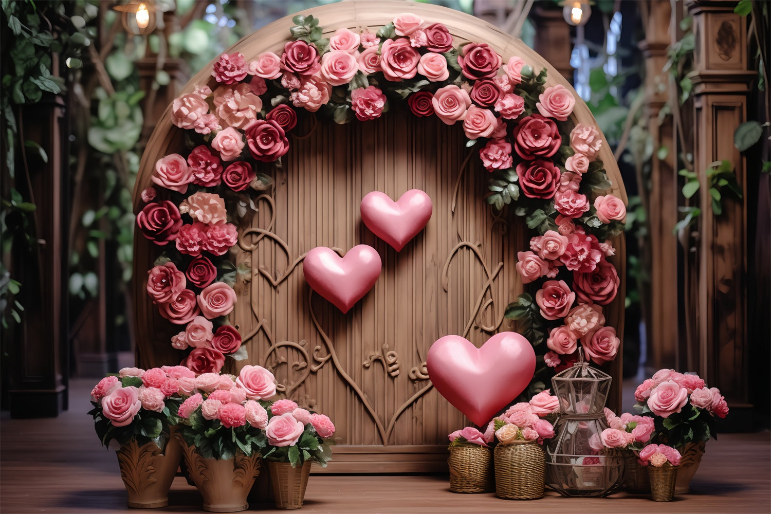 Photography Valentines Backdrops Wooden Archway Floral Heart Backdrop UK BRP12-173