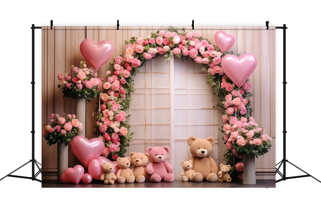 Valentines Party Backdrop Bears Roses Balloon Arch Backdrop UK BRP12-174