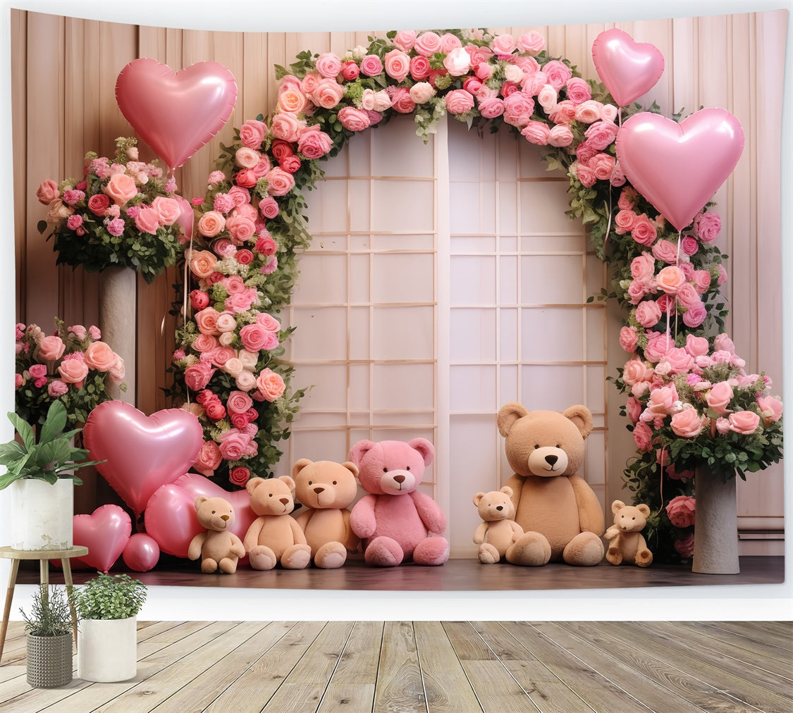 Valentines Party Backdrop Bears Roses Balloon Arch Backdrop UK BRP12-174