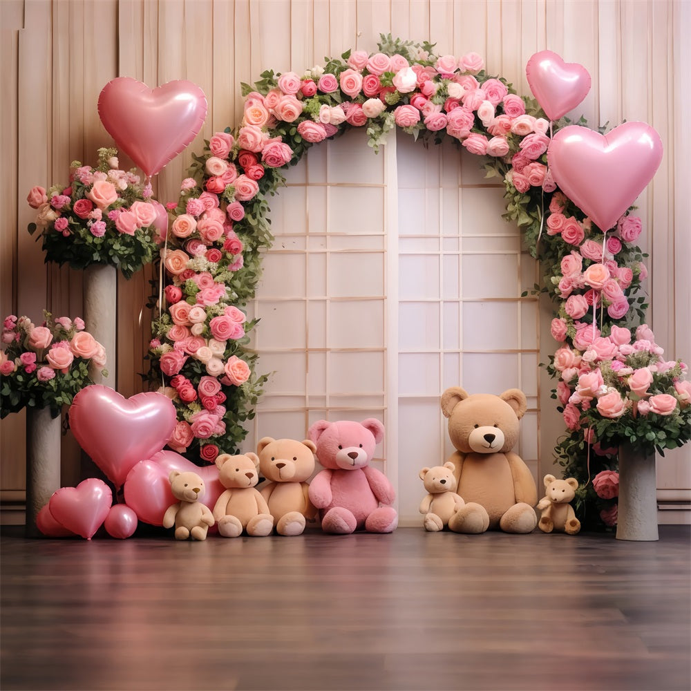 Valentines Party Backdrop Bears Roses Balloon Arch Backdrop UK BRP12-174