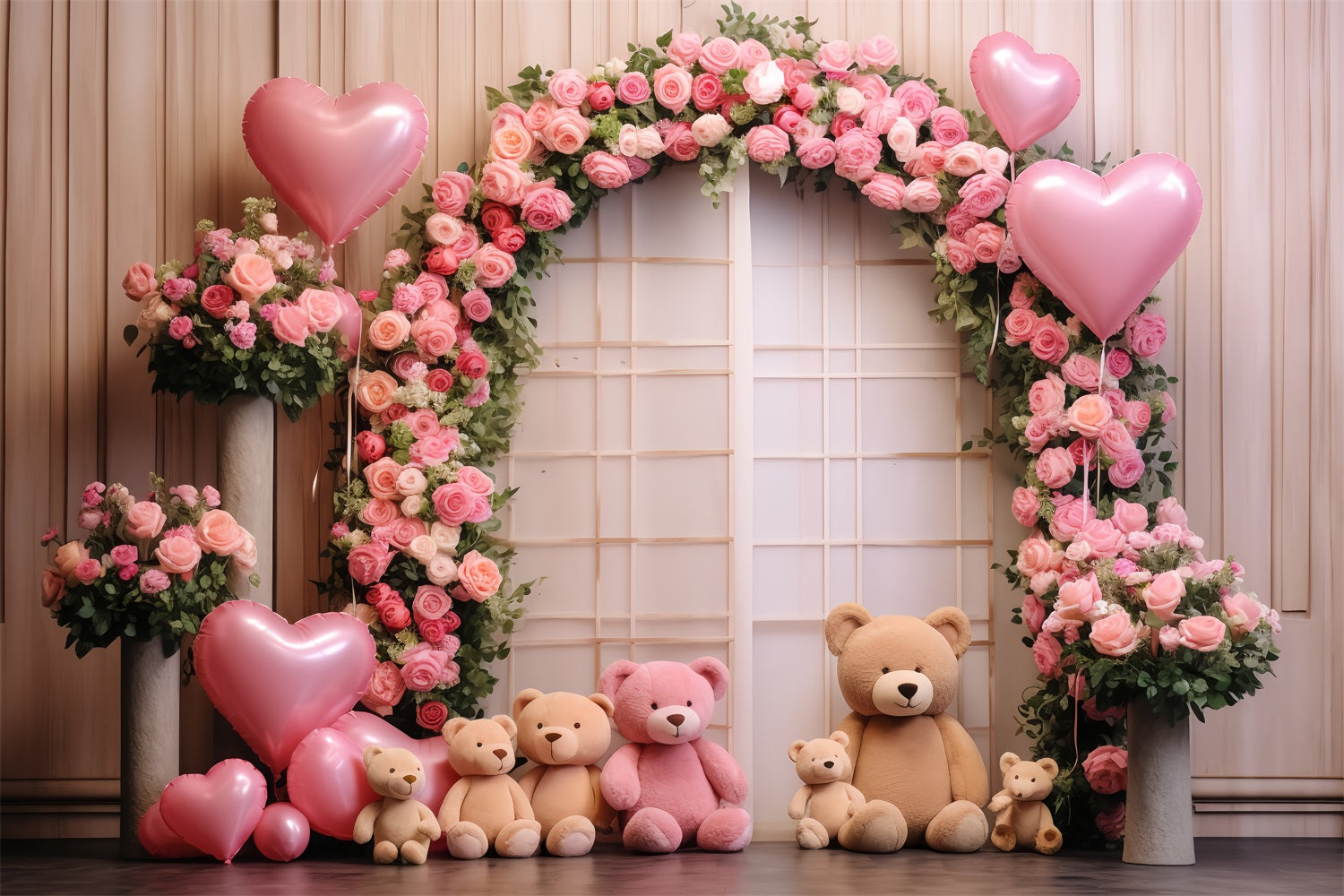 Valentines Party Backdrop Bears Roses Balloon Arch Backdrop UK BRP12-174