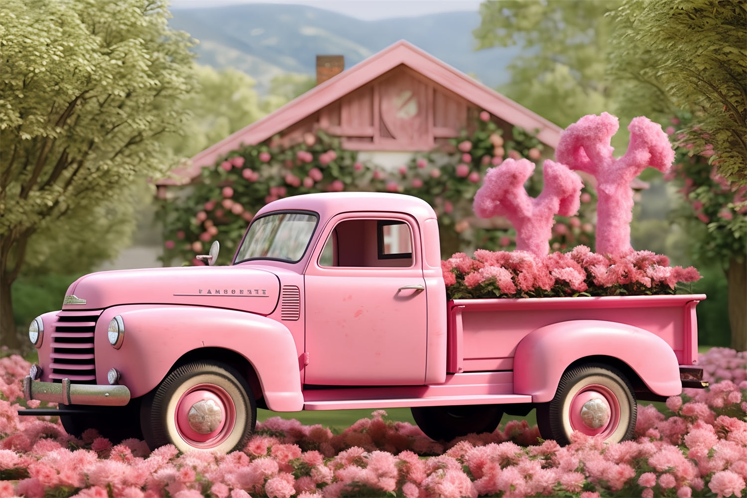 Valentines Day Picture Backdrop Truck Surrounded Blossoms Backdrop UK BRP12-177