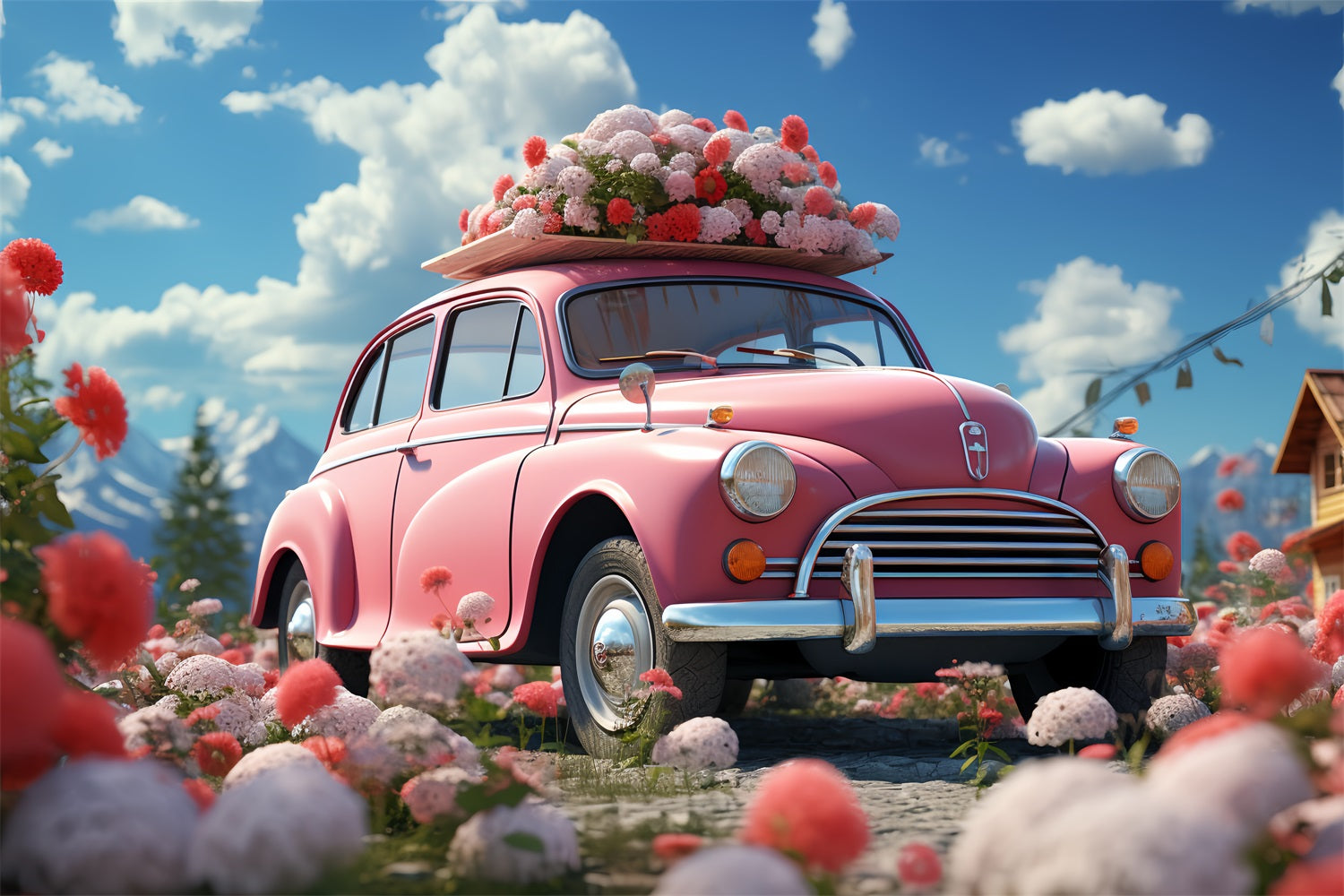 Backdrop For Valentines Day Floral-Adorned Pink Car Backdrop UK BRP12-178